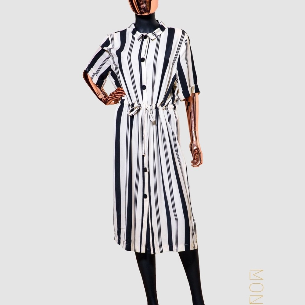 Primark White and Black Stripped Shirt Dress With Buttons and Drawstring Waist